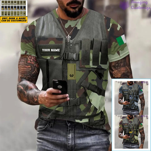 T-shirt personnalisé avec camouflage soldat/vétéran irlandais avec nom et grade imprimé en 3D - 22042401QA