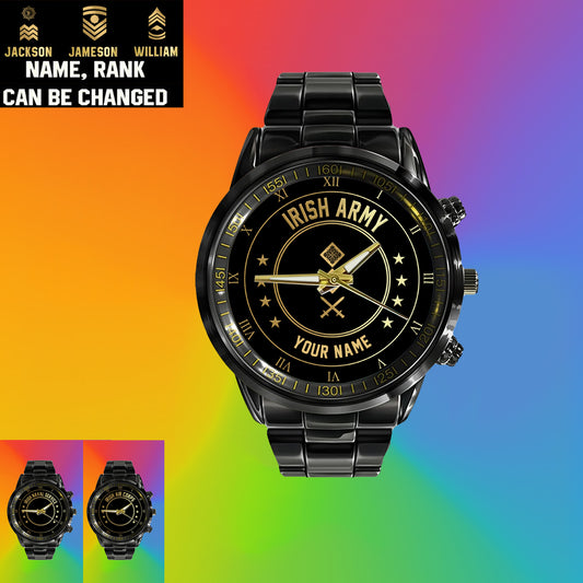 Personalized Ireland Soldier/ Veteran With Name And Rank Black Stainless Steel Watch - 2003240001 - Gold Version