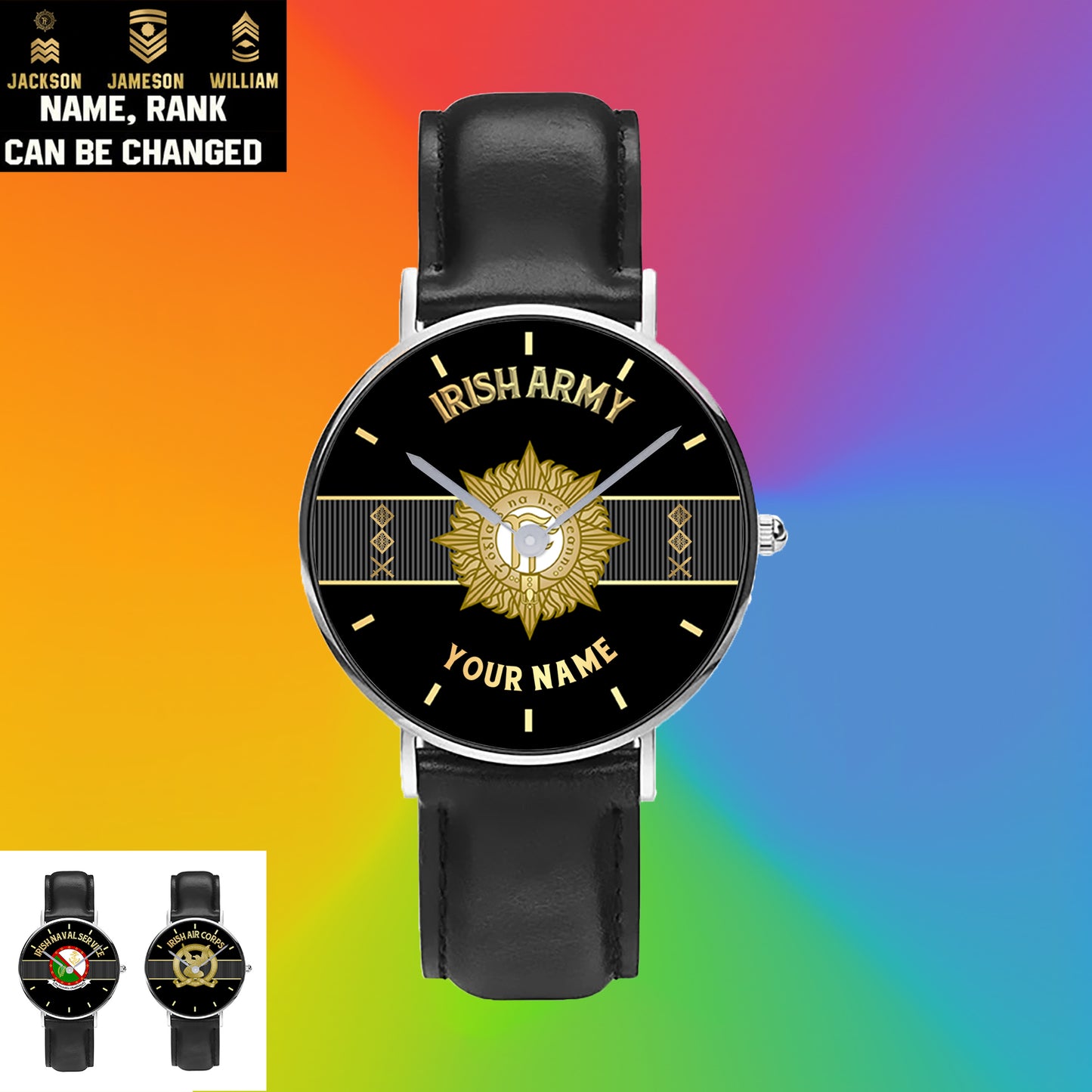Personalized Ireland Soldier/ Veteran With Name And Rank Black Stitched Leather Watch - 17097696 - Gold Version