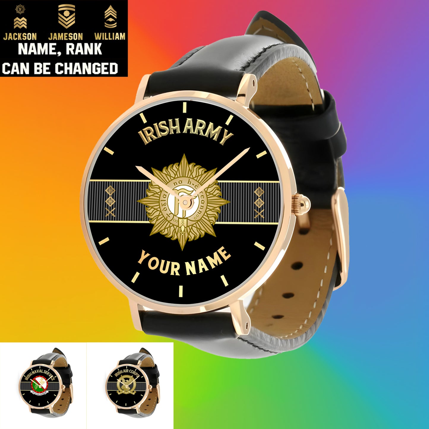 Personalized Ireland Soldier/ Veteran With Name And Rank Black Stitched Leather Watch - 17097696 - Gold Version