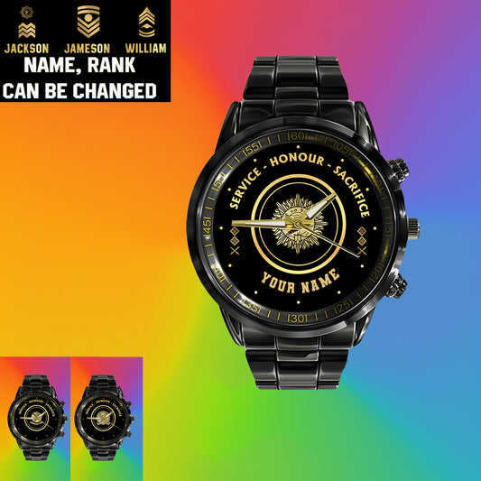 Personalized Ireland Soldier/ Veteran With Name And Rank Black Stainless Steel Watch - 2603240001 - Gold Version
