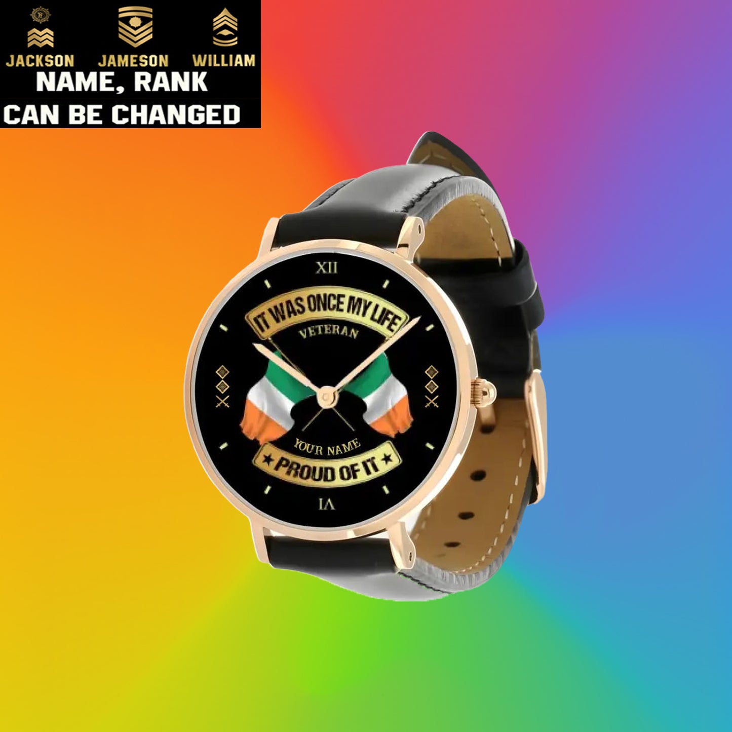 Personalized Ireland Soldier/ Veteran With Name and Rank Black Stitched Leather Watch - 17146944 - Gold Version