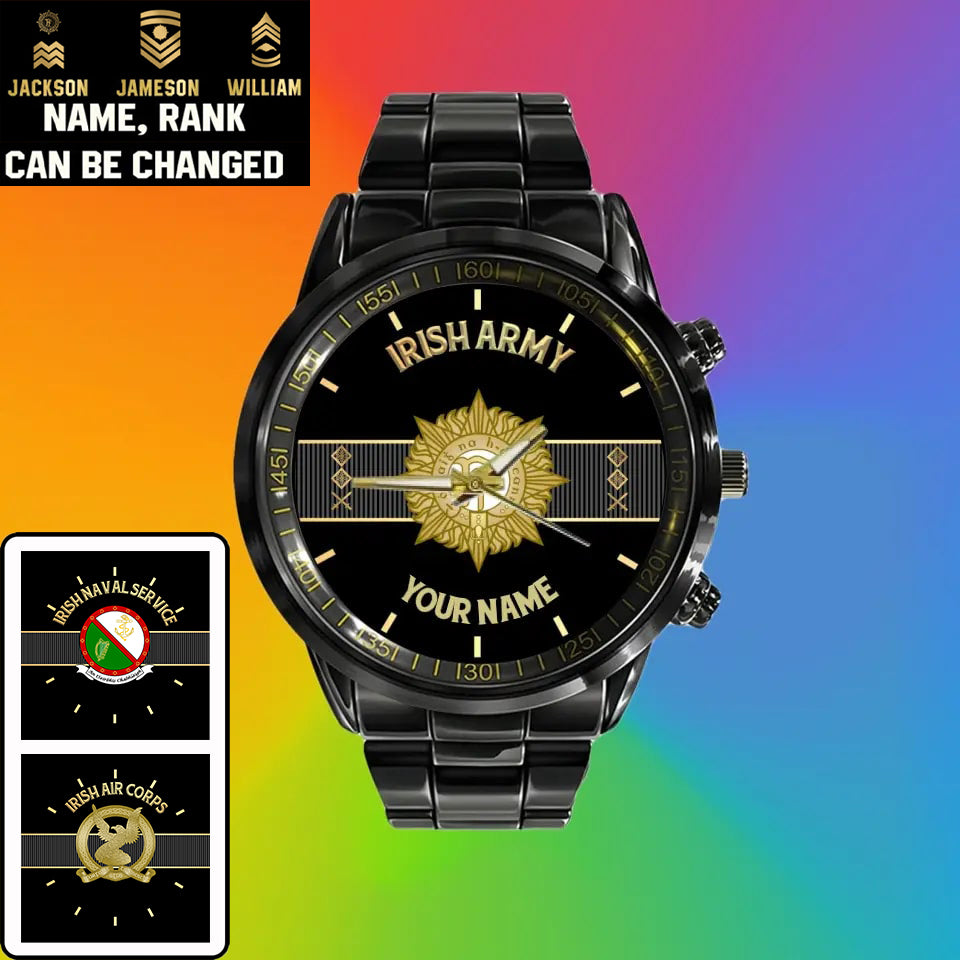 Personalized Ireland Soldier/ Veteran With Name And Rank Black Stainless Steel Watch - 17097696 - Gold Version