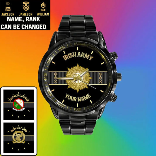 Personalized Ireland Soldier/ Veteran With Name And Rank Black Stainless Steel Watch - 0703240001 - Gold Version