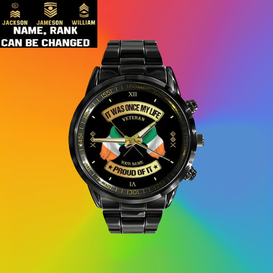 Personalized Ireland Soldier/ Veteran With Name and Rank Black Stainless Steel Watch - 03052401QA - Gold Version
