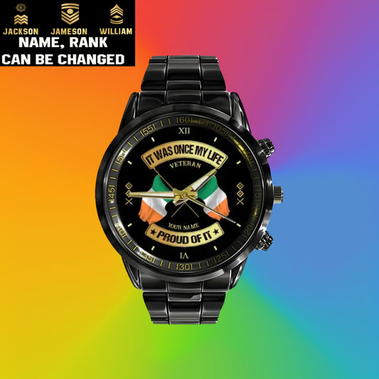 Montre personnalisée en acier inoxydable noir pour soldat/vétéran irlandais avec nom et grade - 03052401QA - Version dorée