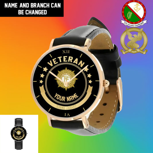 Personalized Ireland Soldier/ Veteran With Name Black Stitched Leather Watch - 1103240001 - Gold Version