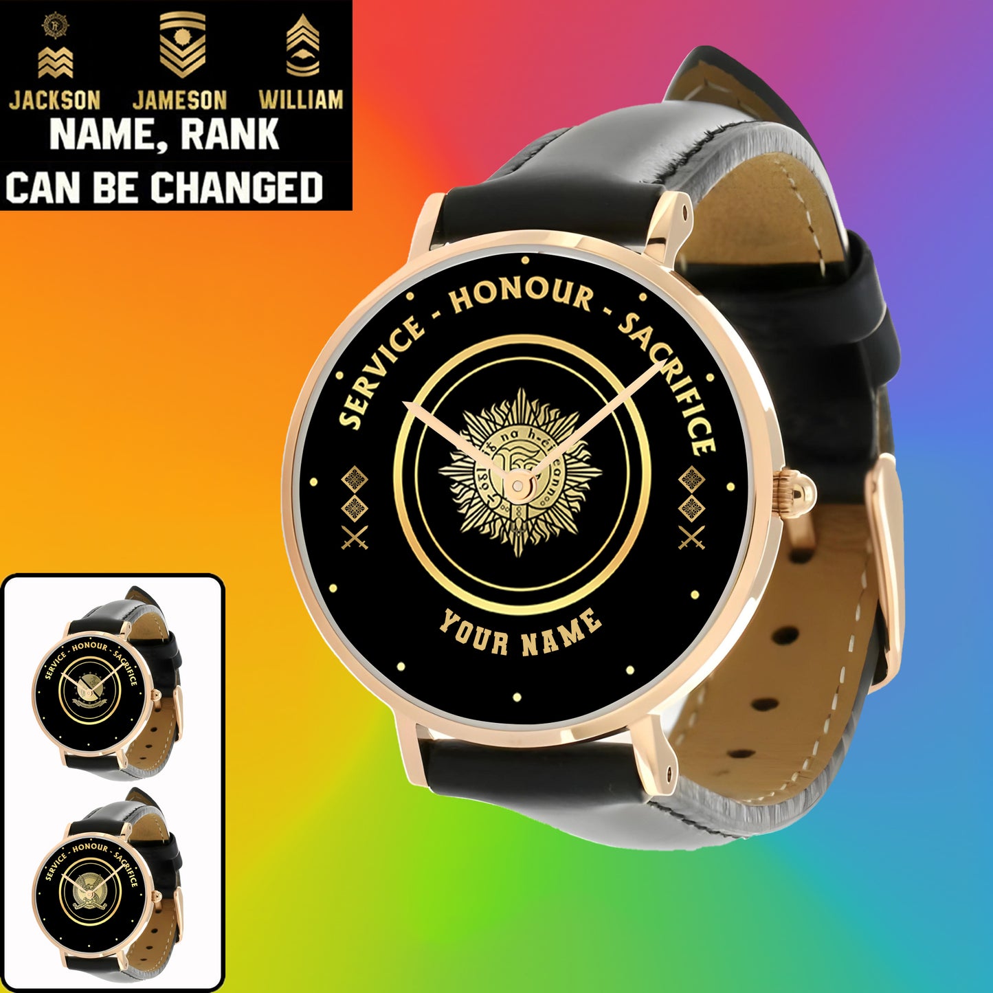 Personalized Ireland Soldier/ Veteran With Name, Rank Black Stitched Leather Watch - 17114112 - Gold Version