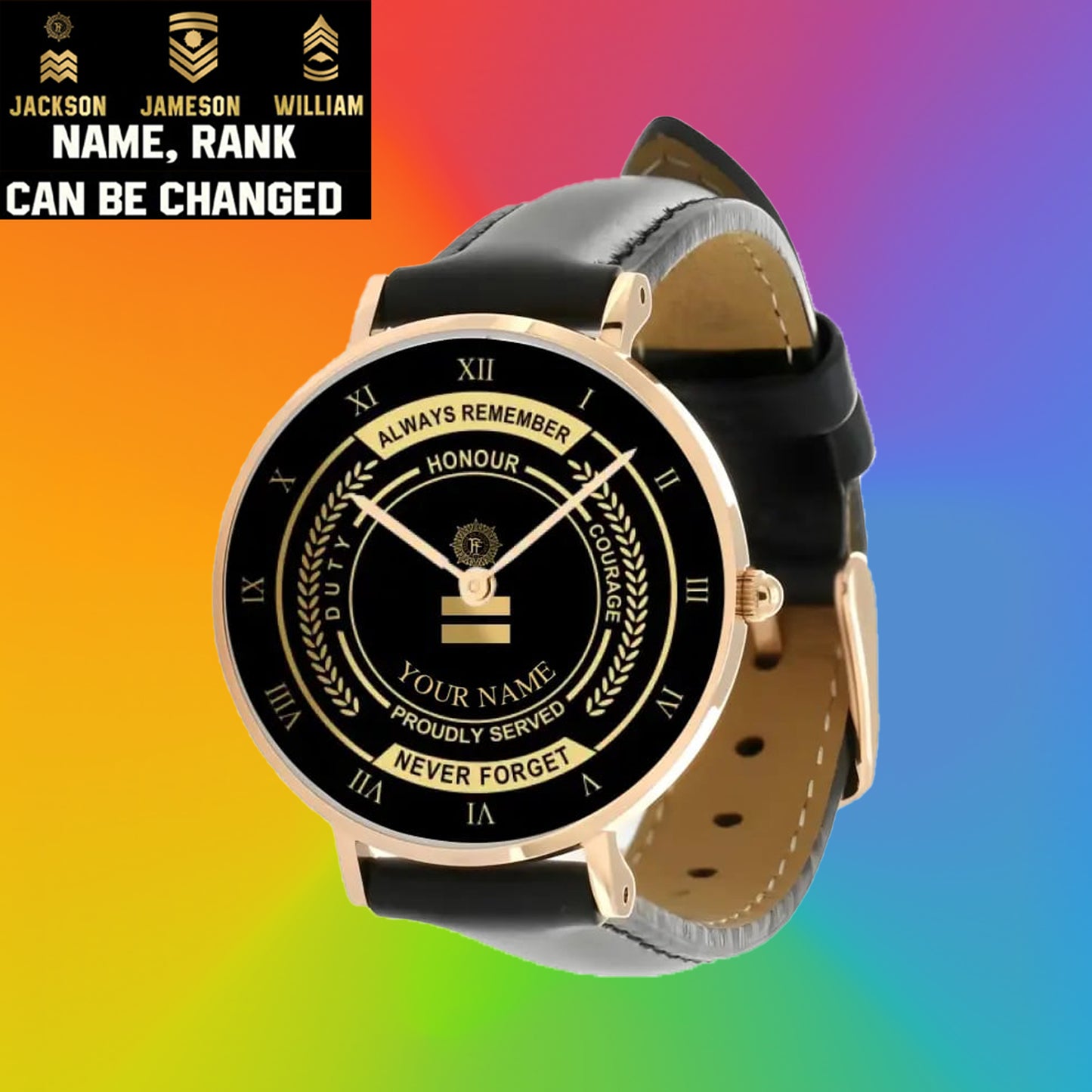 Personalized Ireland Soldier/ Veteran With Name, Rank Black Stitched Leather Watch - 1709683201 - Gold Version