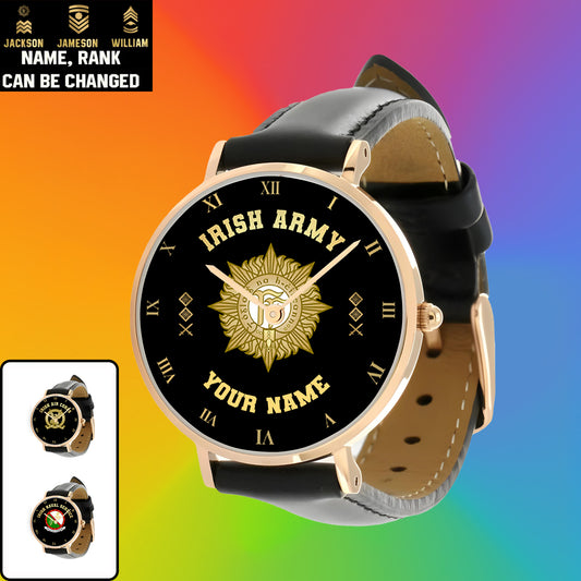 Personalized Ireland Soldier/ Veteran With Name And Rank Black Stitched Leather Watch - 0803240001 - Gold Version