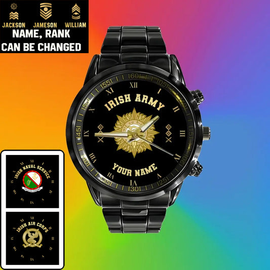Personalized Ireland Soldier/ Veteran With Name  And Rank Black Stainless Steel Watch - 0803240001 - Gold Version