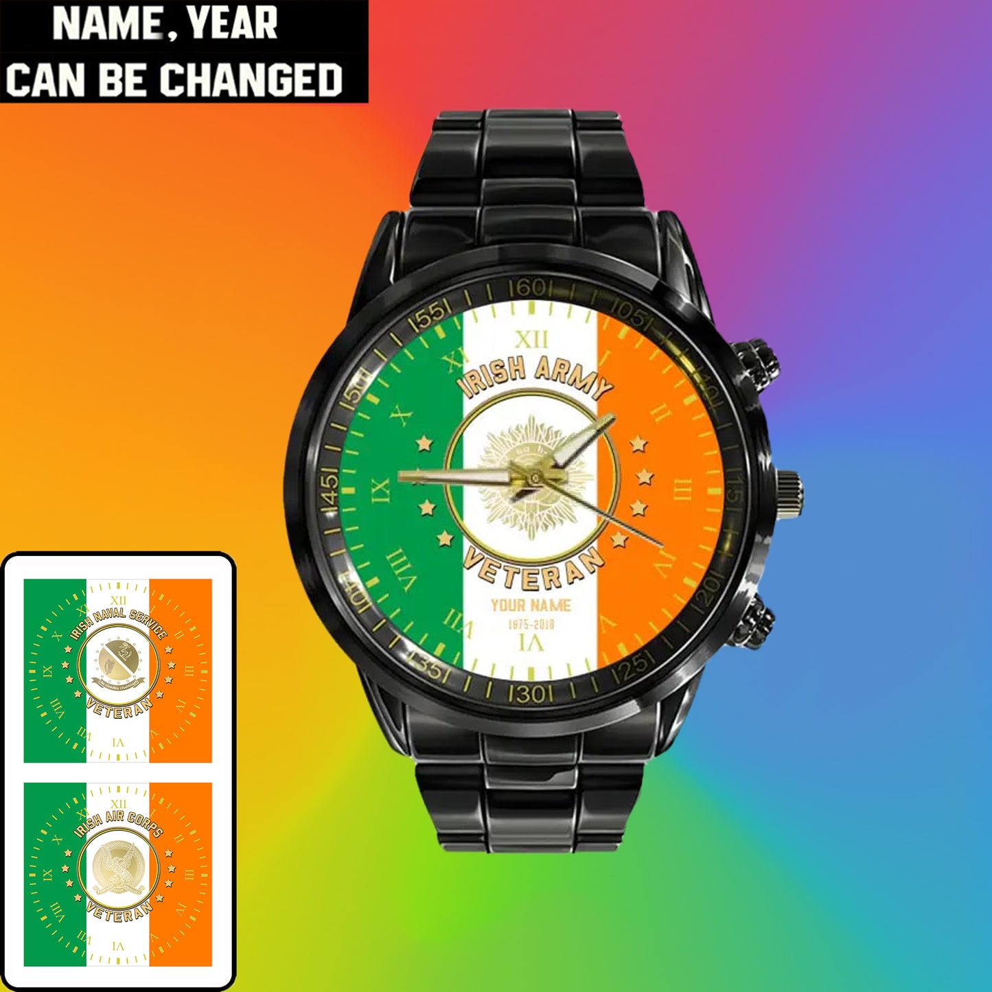 Personalized Ireland Soldier/ Veteran With Name And Rank Black Stainless Steel Watch - 17120160 - Gold Version
