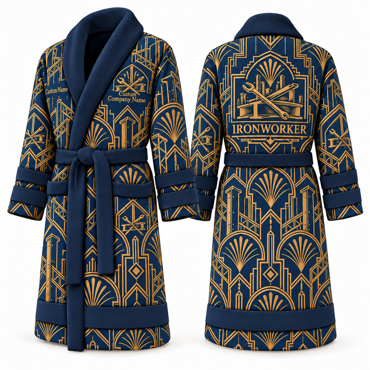 Personalized Ironworker Bathrobe - Art Deco Craft blue front and back view