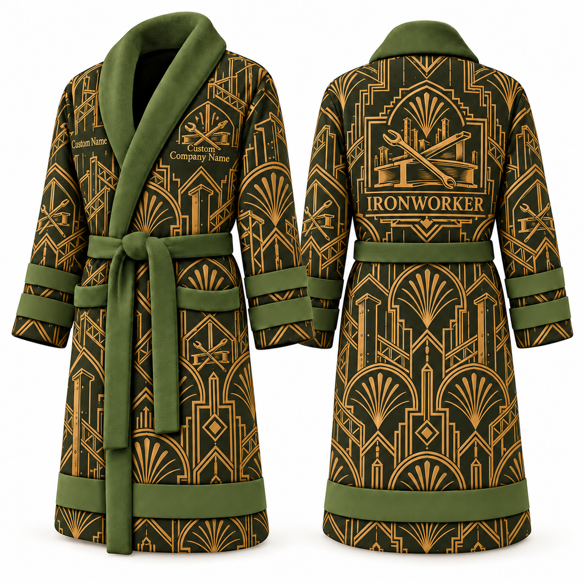 Personalized Ironworker Bathrobe - Art Deco Craft olive front and back view