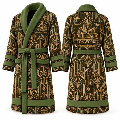 Personalized Ironworker Bathrobe - Art Deco Craft olive front and back view