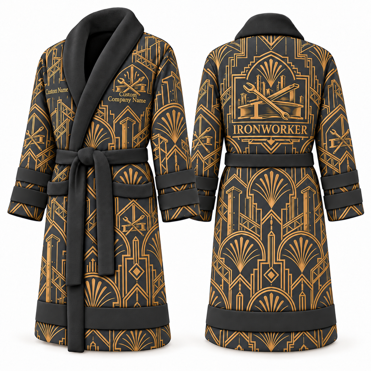 Personalized Ironworker Bathrobe - Art Deco Craft slate front and back view