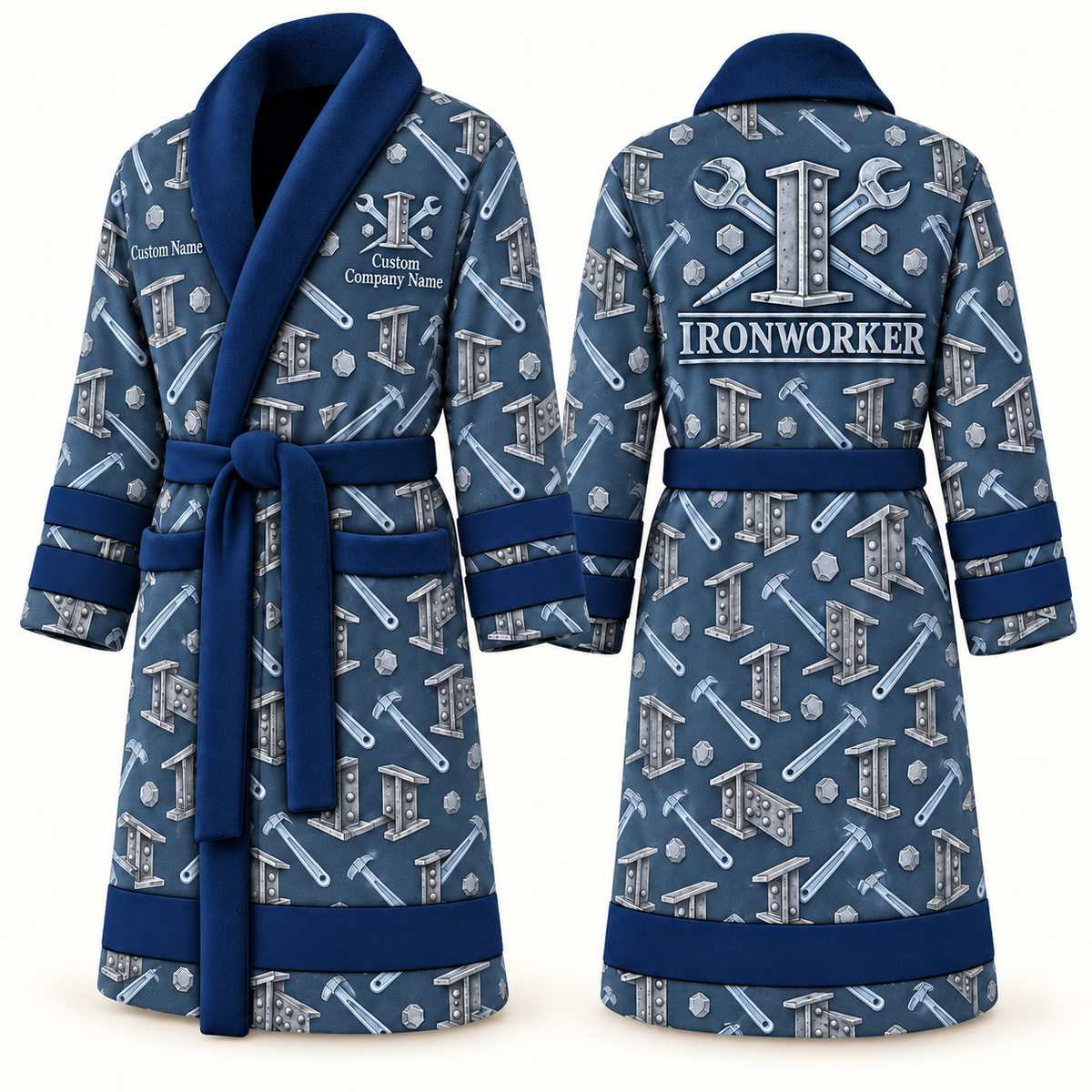 Personalized Ironworker Bathrobe blue front and back