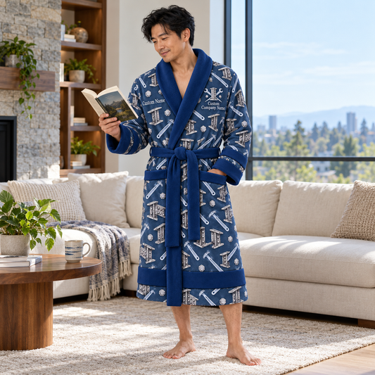 Personalized Ironworker Bathrobe Blue worn at home
