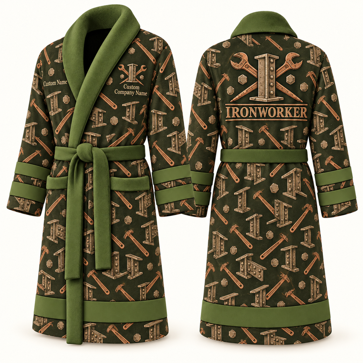 Personalized Ironworker Bathrobe olive front and back