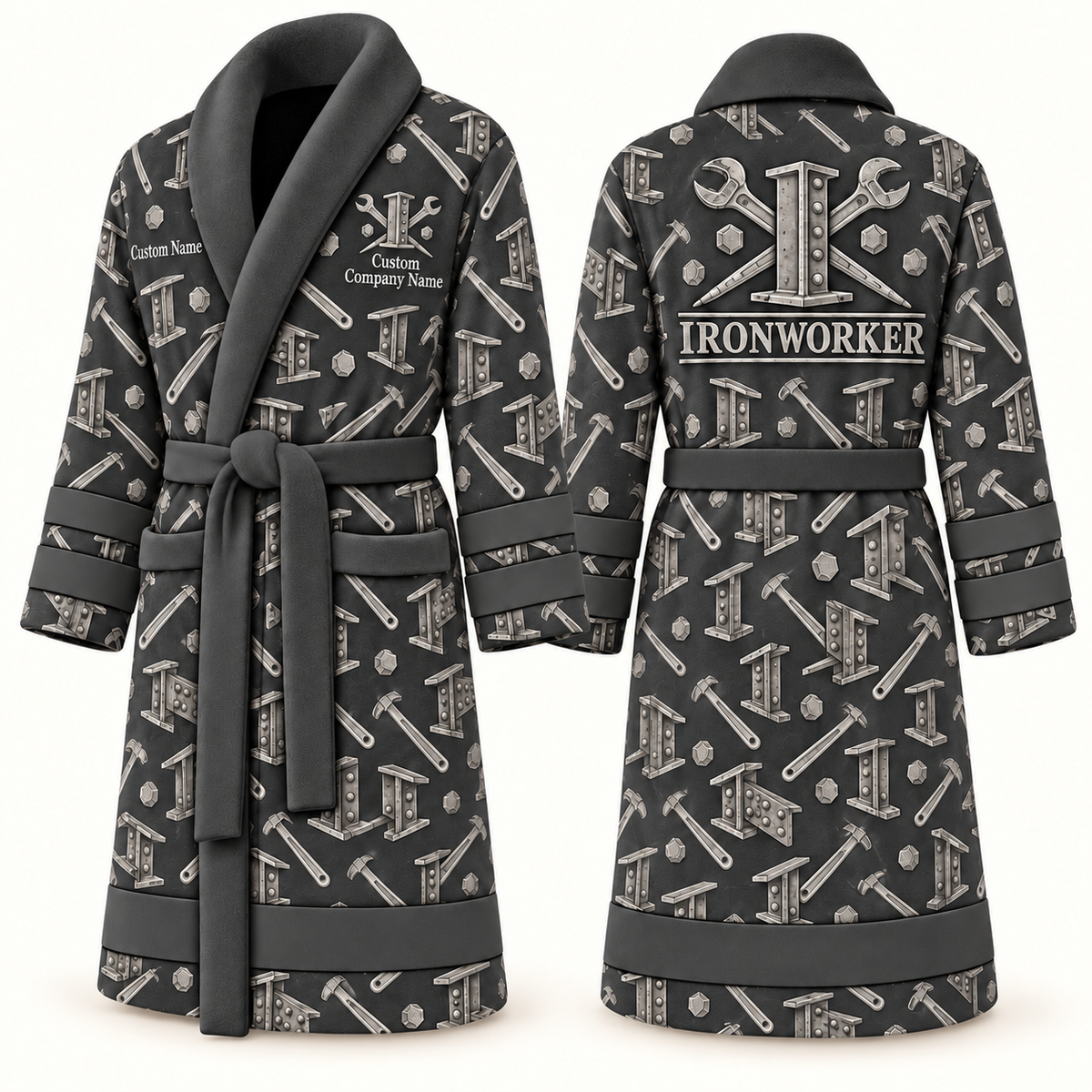 Personalized Ironworker Bathrobe slate front and back