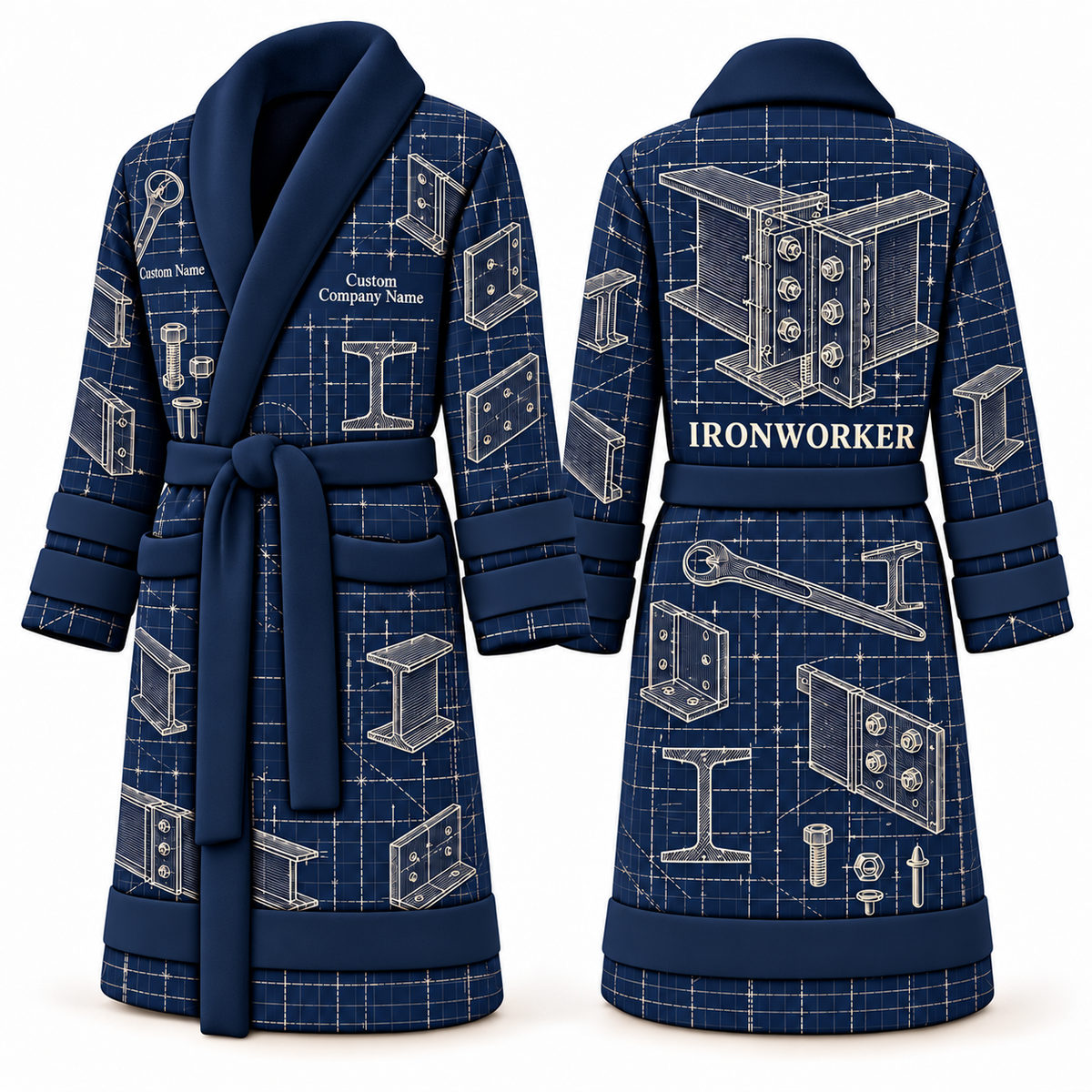 Personalized Ironworker Bathrobe - Blueprint Workshop blue front and back view