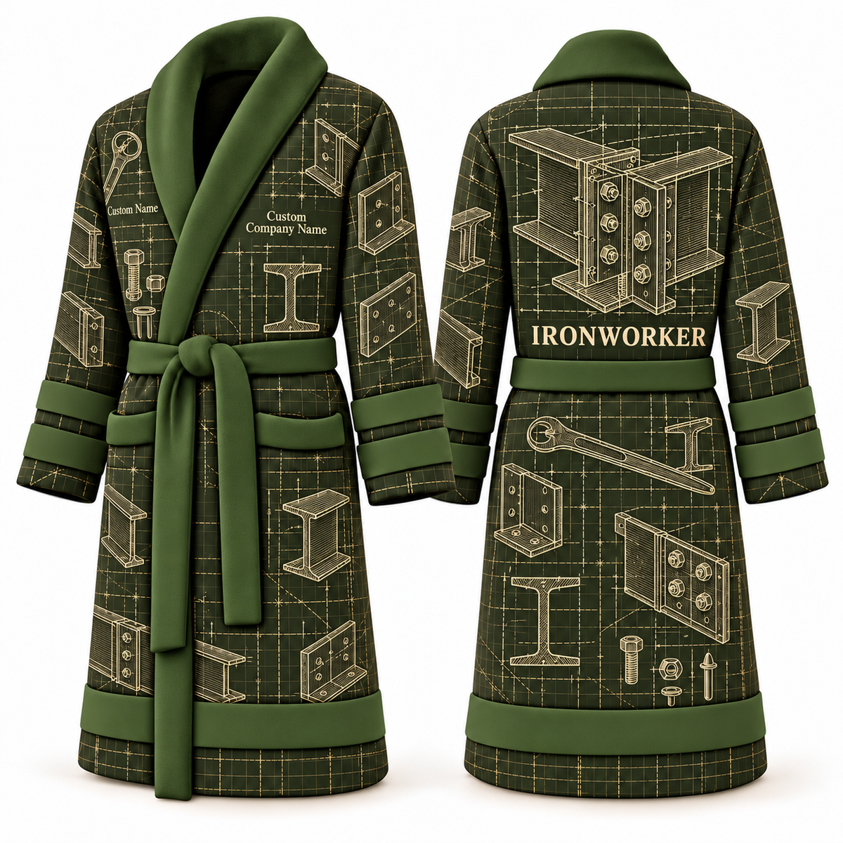 Personalized Ironworker Bathrobe - Blueprint Workshop olive front and back view