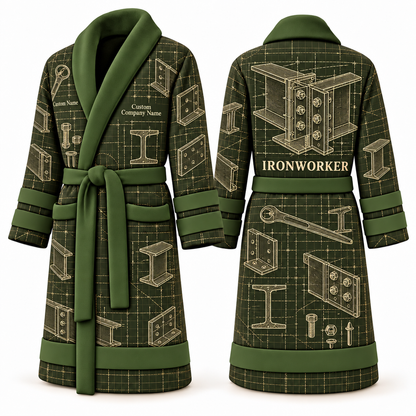 Personalized Ironworker Bathrobe - Blueprint Workshop olive front and back view