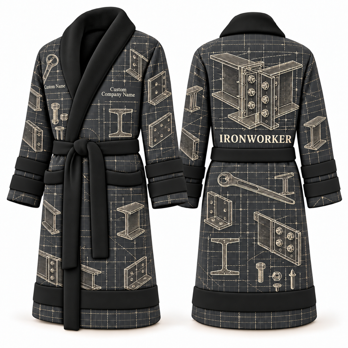 Personalized Ironworker Bathrobe - Blueprint Workshop slate front and back view