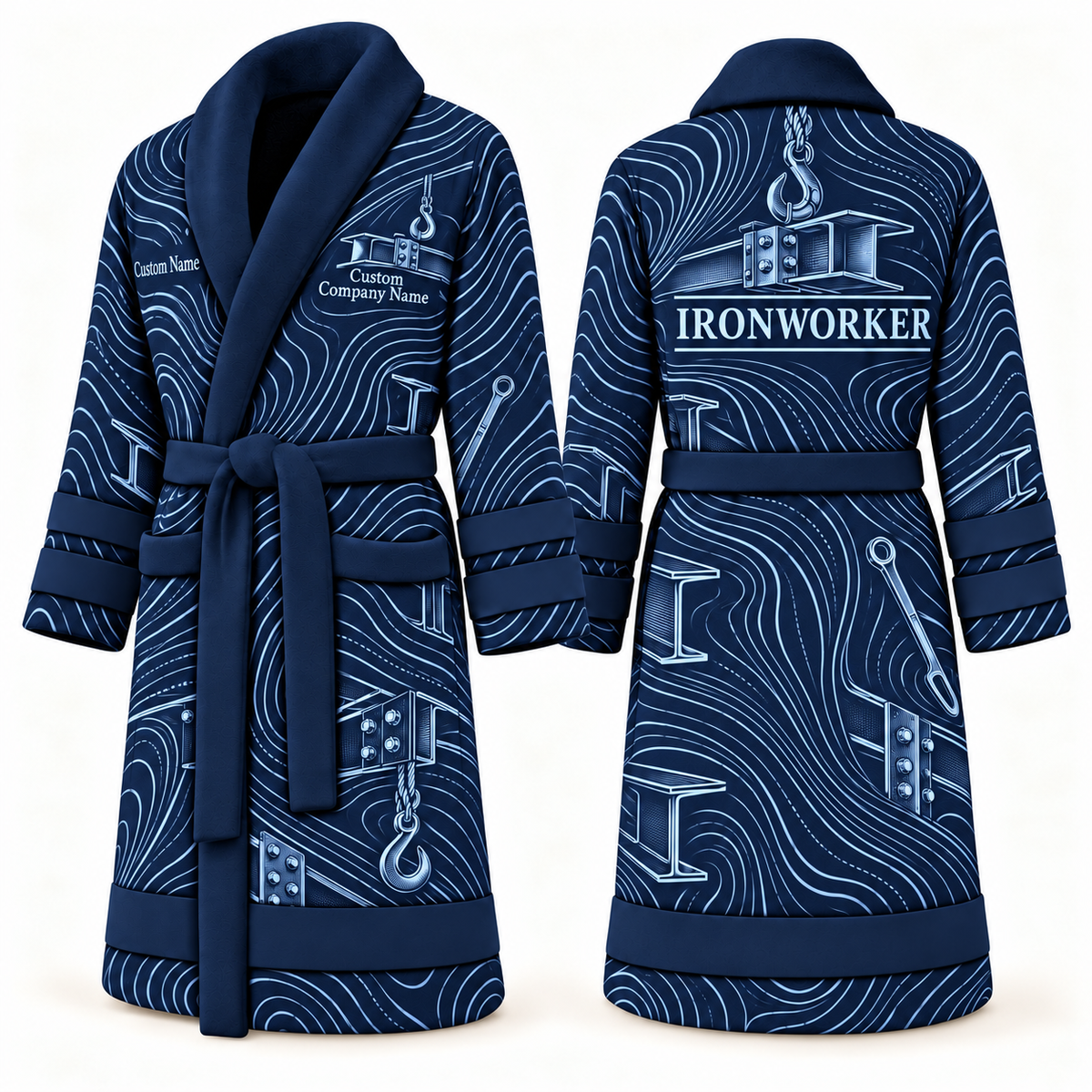Personalized Ironworker Bathrobe - Contour Lines blue front and back view