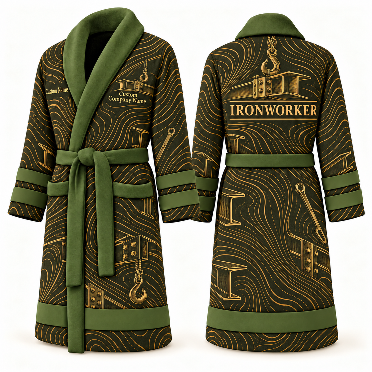 Personalized Ironworker Bathrobe - Contour Lines olive front and back view