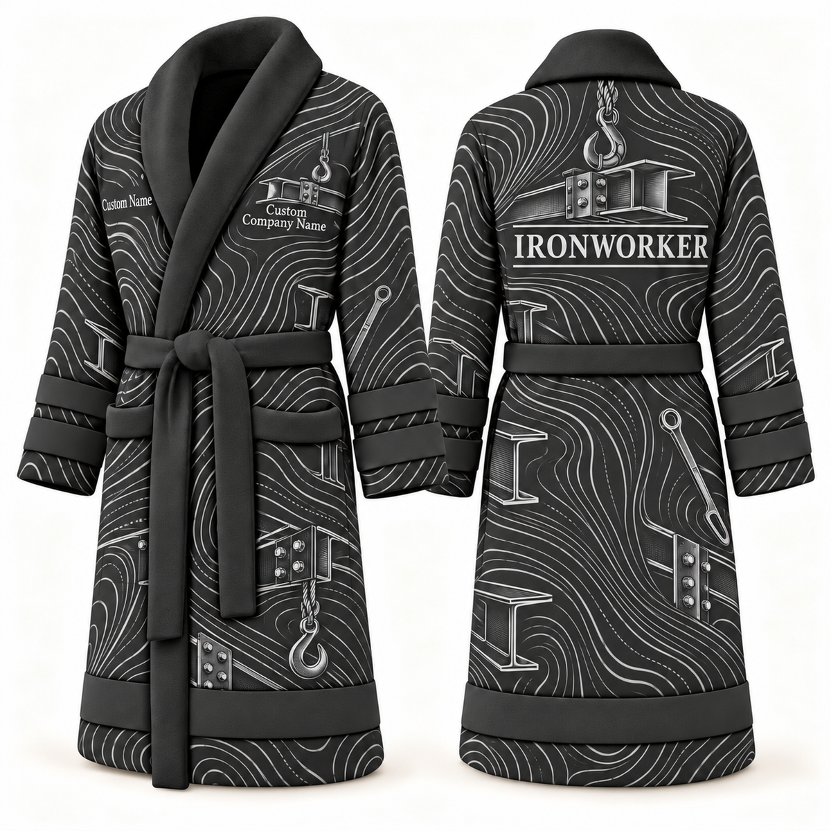 Personalized Ironworker Bathrobe - Contour Lines slate front and back view