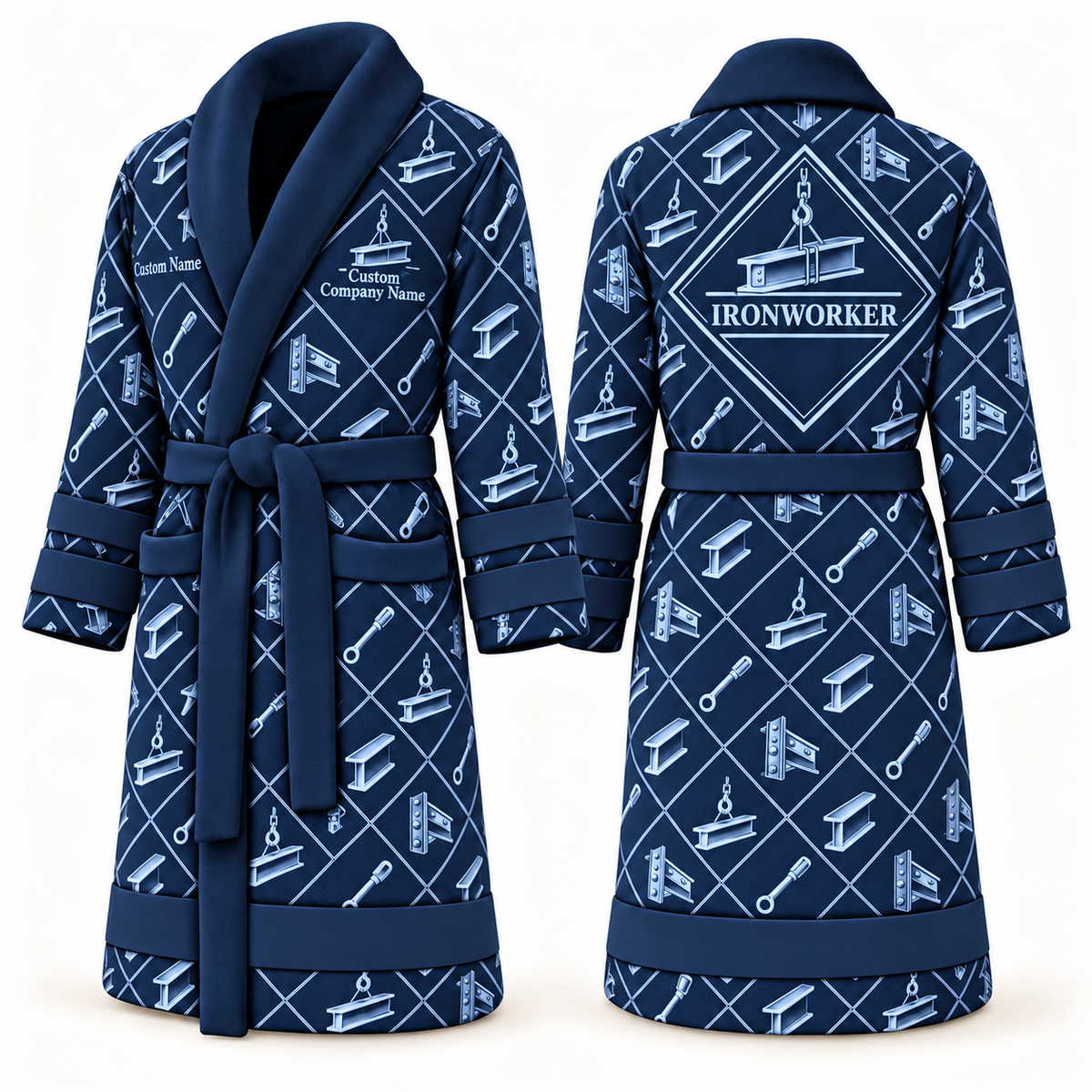 Personalized Ironworker Bathrobe - Diamond Emblems blue front and back view