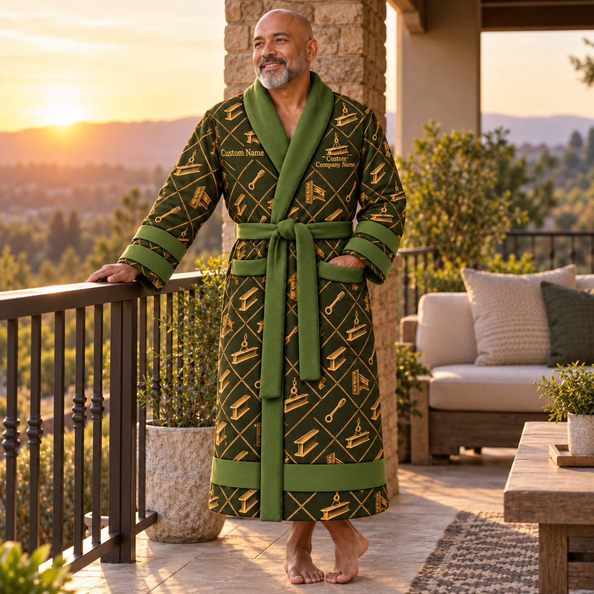 Personalized Ironworker Bathrobe - Diamond Emblems lifestyle view