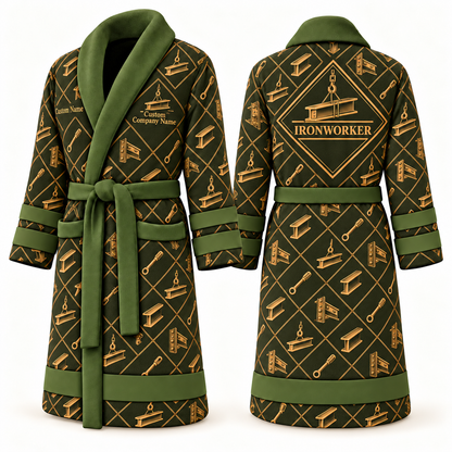 Personalized Ironworker Bathrobe - Diamond Emblems olive front and back view