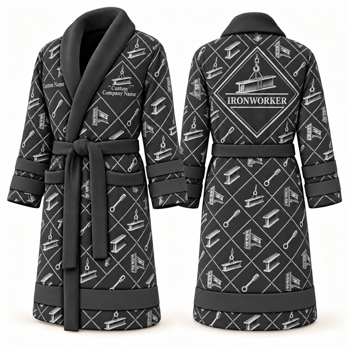 Personalized Ironworker Bathrobe - Diamond Emblems slate front and back view