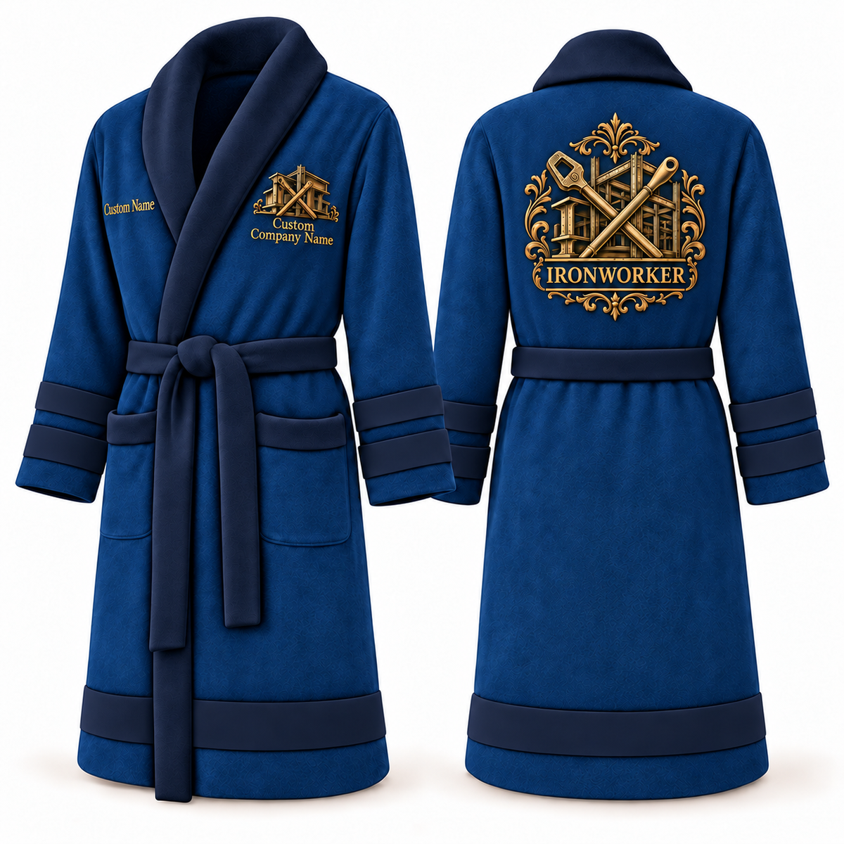 Personalized Ironworker Bathrobe - Heritage Crest blue front and back view
