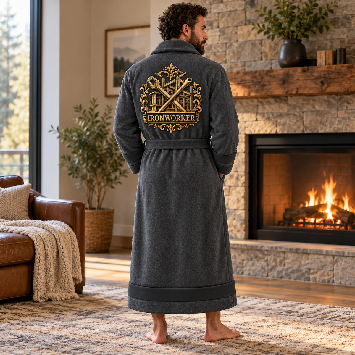 Personalized Ironworker Bathrobe - Heritage Crest lifestyle view