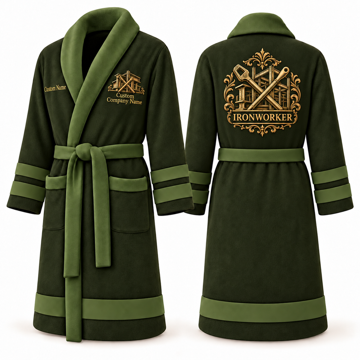 Personalized Ironworker Bathrobe - Heritage Crest olive front and back view
