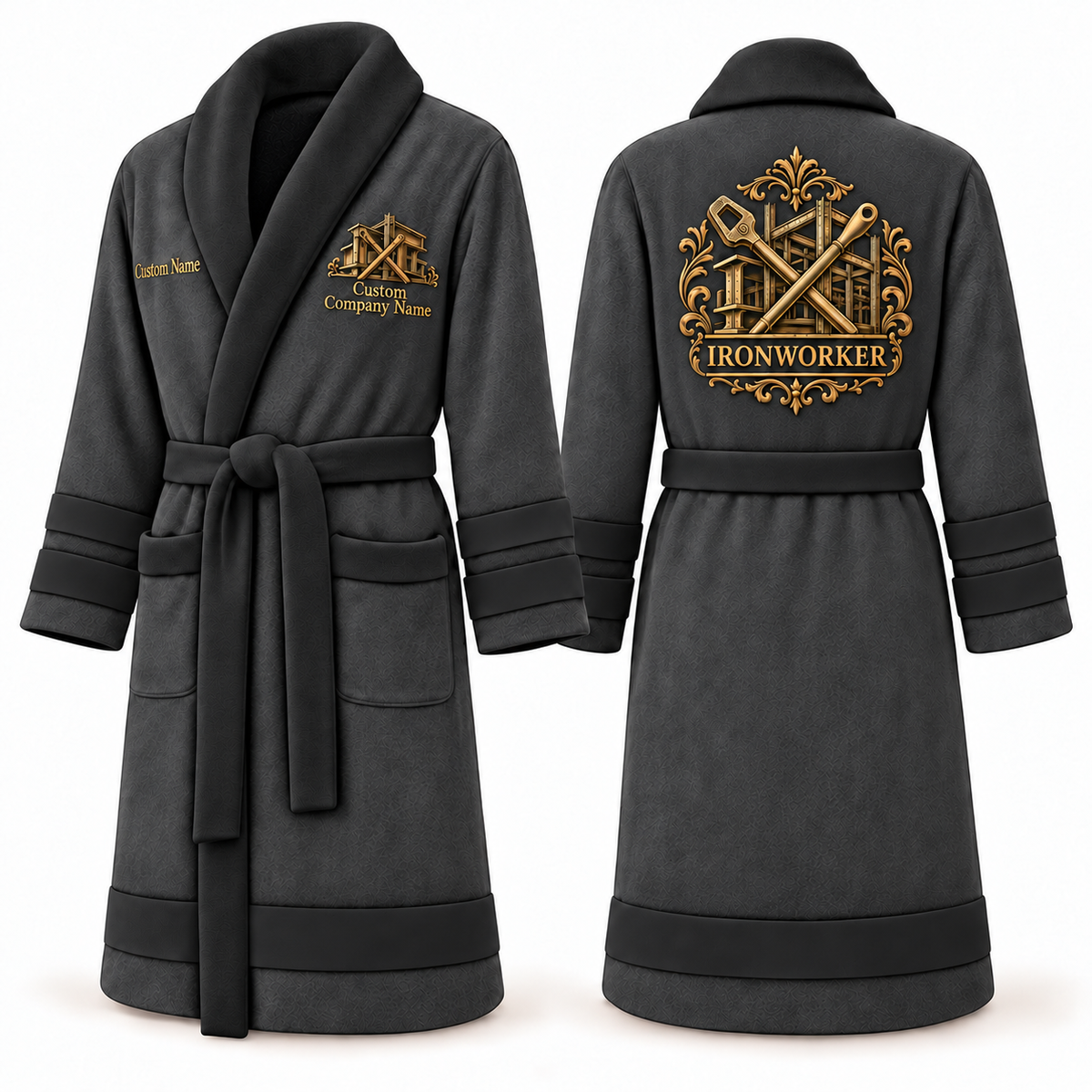 Personalized Ironworker Bathrobe - Heritage Crest slate front and back view
