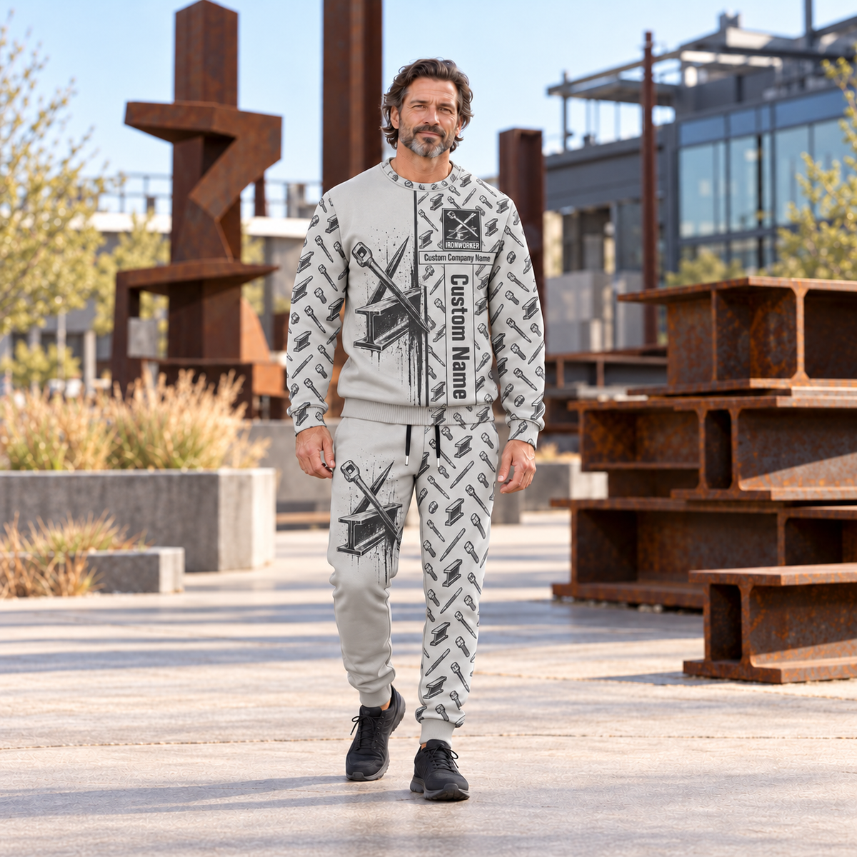 ironworker occupation-themed sweater and jogger combo on a model with name and company artwork