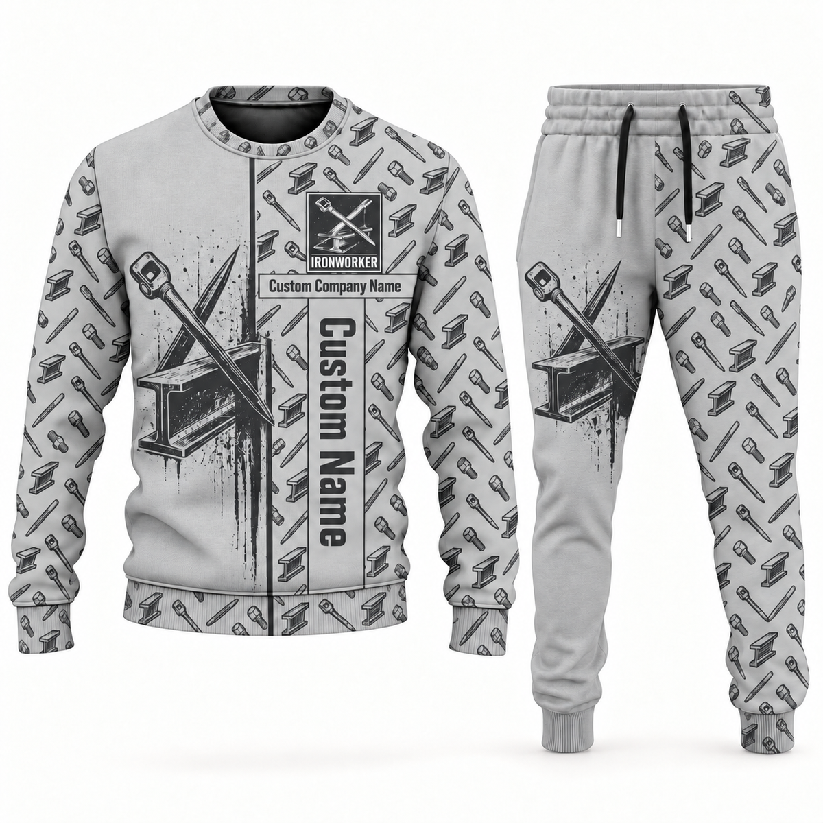 ironworker occupation-themed sweater and jogger combo lightgray color with name and company artwork