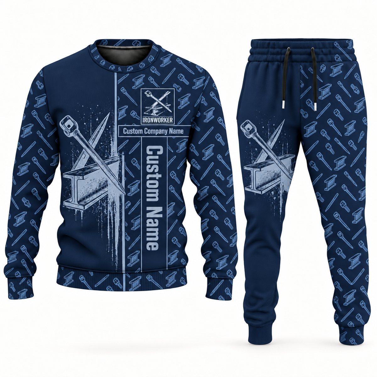 ironworker occupation-themed sweater and jogger combo navy color with name and company artwork