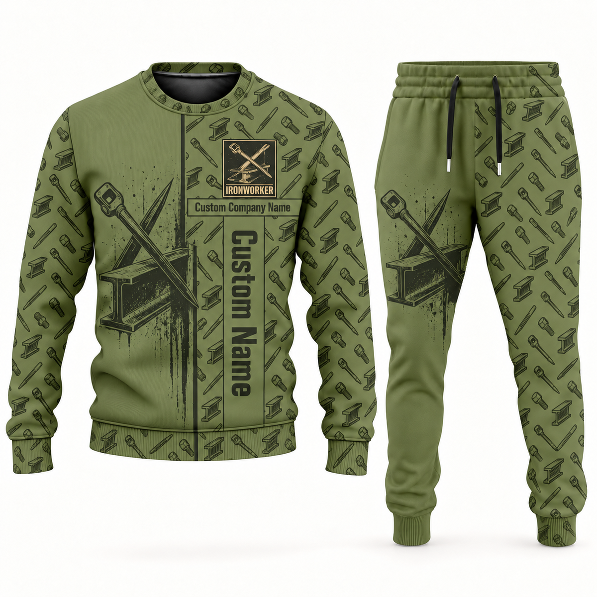 ironworker occupation-themed sweater and jogger combo olive color with name and company artwork