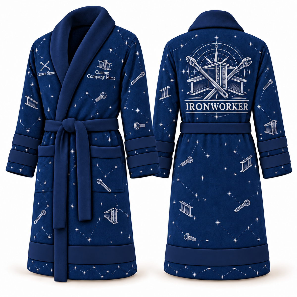 Personalized Ironworker Bathrobe - Night Shift blue front and back view
