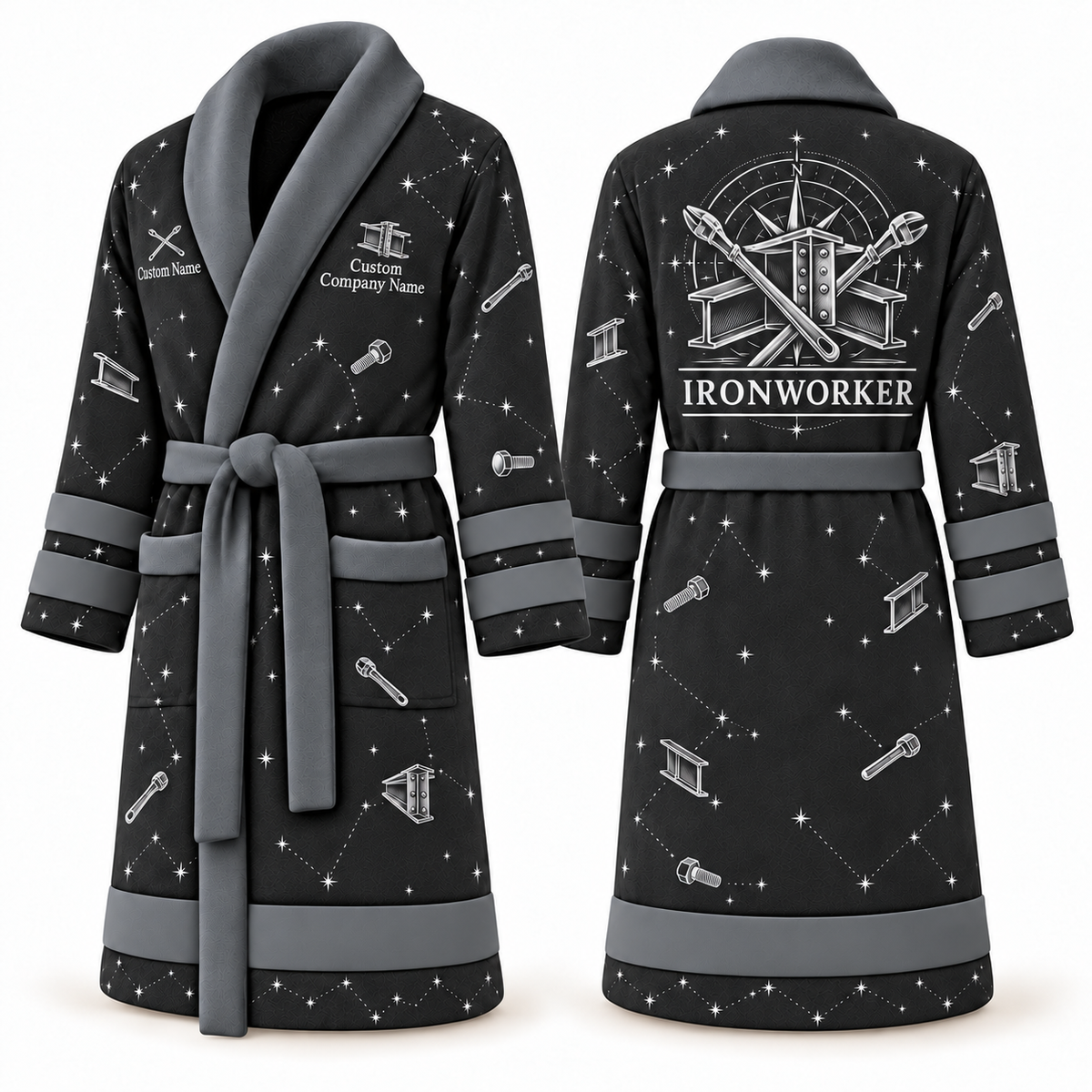 Personalized Ironworker Bathrobe - Night Shift slate front and back view