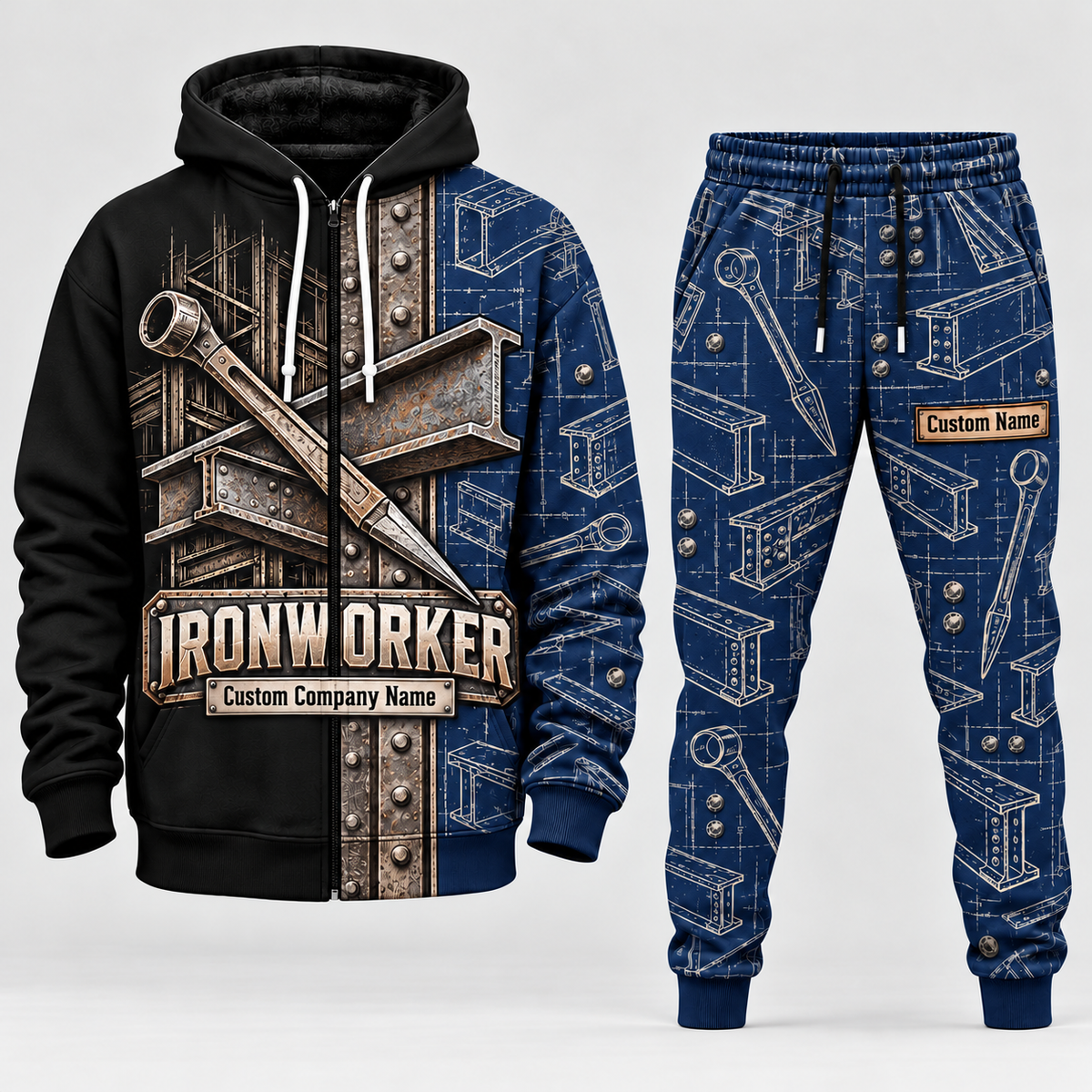 ironworker full-zip hoodie and matching joggers - navy catalog view