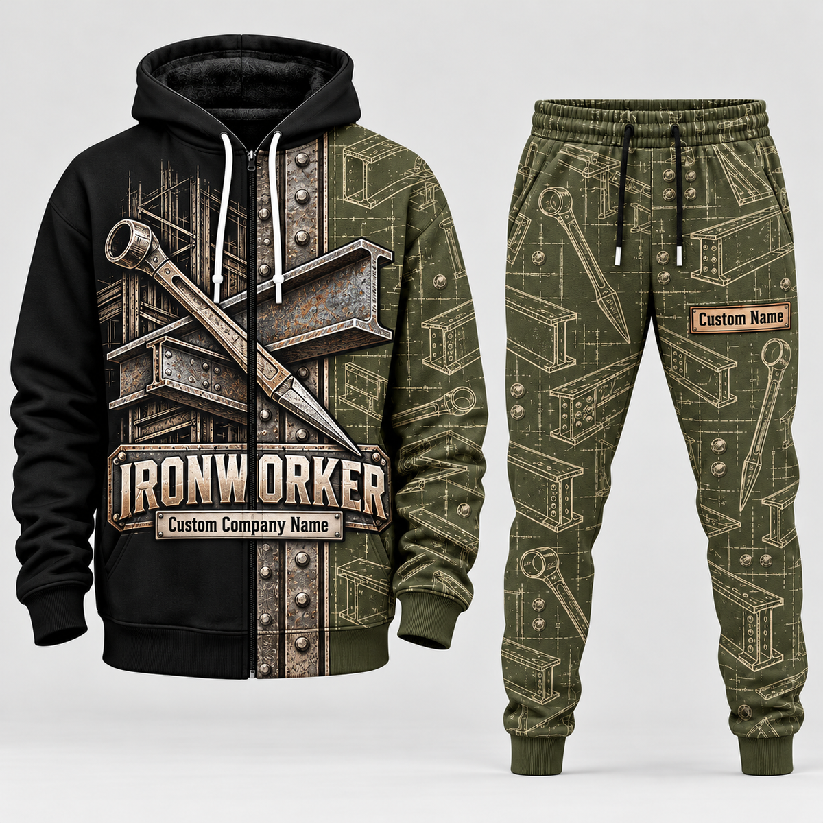 ironworker full-zip hoodie and matching joggers - olive catalog view