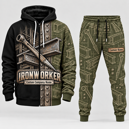 ironworker full-zip hoodie and matching joggers - olive catalog view