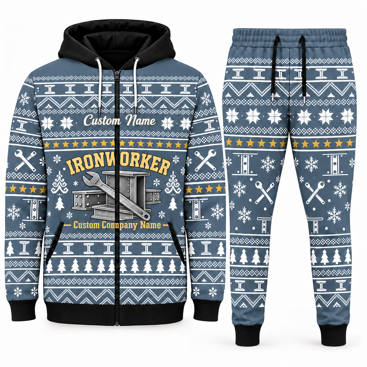 ironworker blue-gray Winter Snowflake full-zip hoodie and jogger combo with Custom Name and Custom Company Name