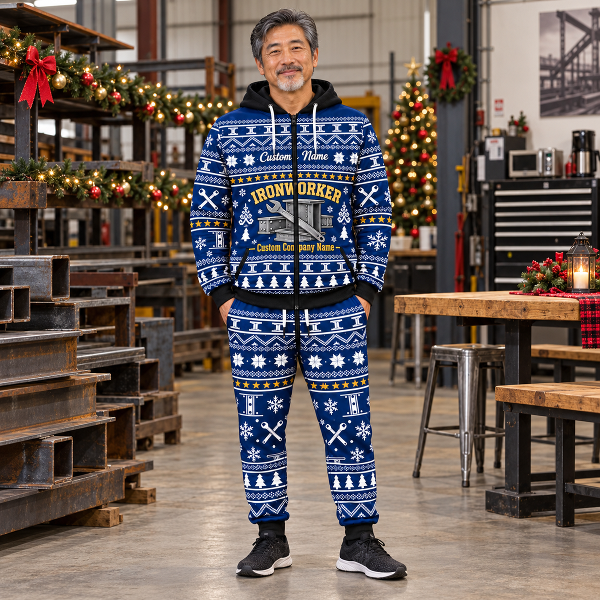 ironworker hero Winter Snowflake full-zip hoodie and jogger combo with Custom Name and Custom Company Name